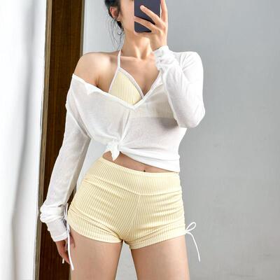 速发高货两件式泳女款夏高颜值衣基ins条纹比尼罩衫短裤装性感泳