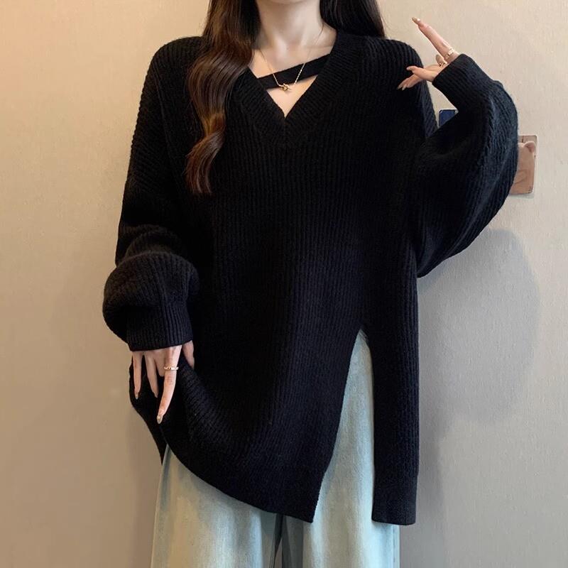 正品高货法式黑色V领毛衣