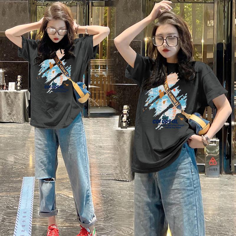 高货小众纯棉短袖T恤女2025夏季新款欧货印花宽松中长款圆领半袖