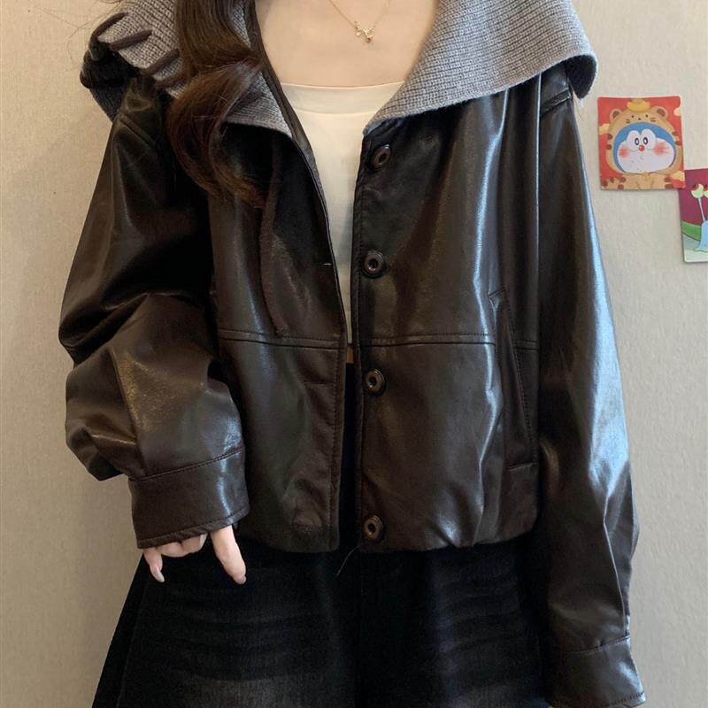 正品高货大翻领皮衣夹克开衫外套女秋冬新款大码胖mm设计感短款上
