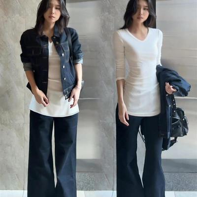 正品高货白色V领加长款内搭打底衫女上衣修身长袖T恤中长款遮屁股