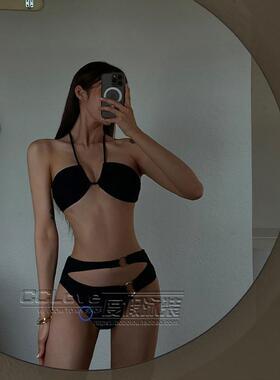 高货欧美分体泳衣女性感镂空设计遮肚比基尼小胸聚拢沙滩度假biki