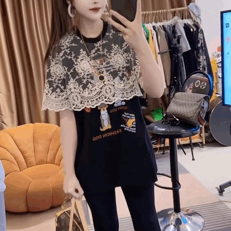高货中长款法式蕾丝拼接短袖T恤打底衫女宽松时尚慵懒风黑色圆领