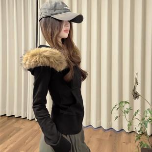 正品高货黑色修身毛领卫衣外套女款秋冬天短款收腰冬季韩系早秋季