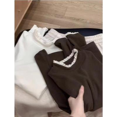 正品高货大码女装加绒加厚半高领蕾丝长袖T恤打底衫春季新款保暖