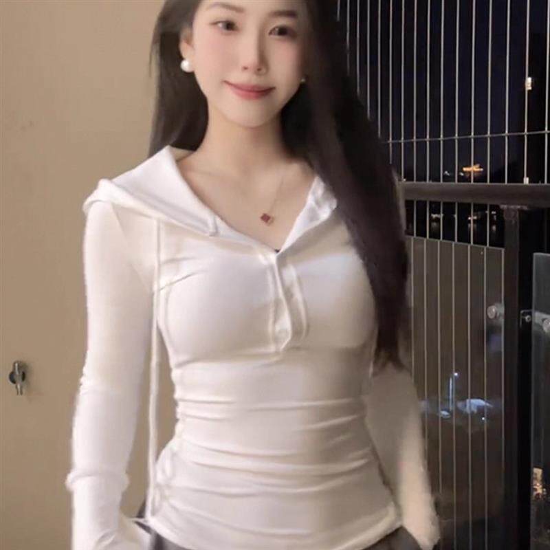 正品高货白色半开领连帽长袖t恤女款春秋季设计感卫衣连帽衫修身