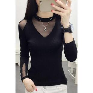 露肩针织衫 正品 蕾丝长袖 女2025圆领薄款 秋衣女小个子女士 高货秋装