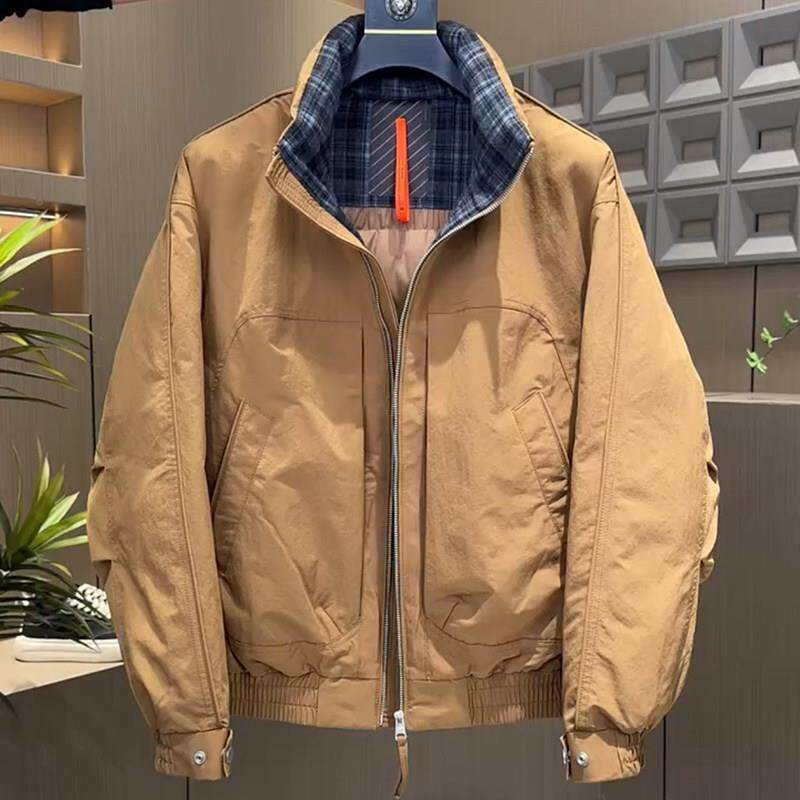 速发高货格纹立领保暖羽绒服男款2026冬季潮牌时尚男士外套宽松抗