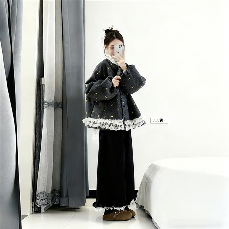 正品高货冬装搭配一整套韩系穿搭甜美灰色蕾丝拼接毛呢外套休闲裤