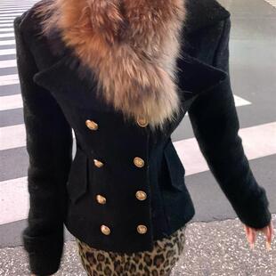 正品高货法式覆古富家千金套装女秋冬季毛领毛呢外套豹纹半身裙穿