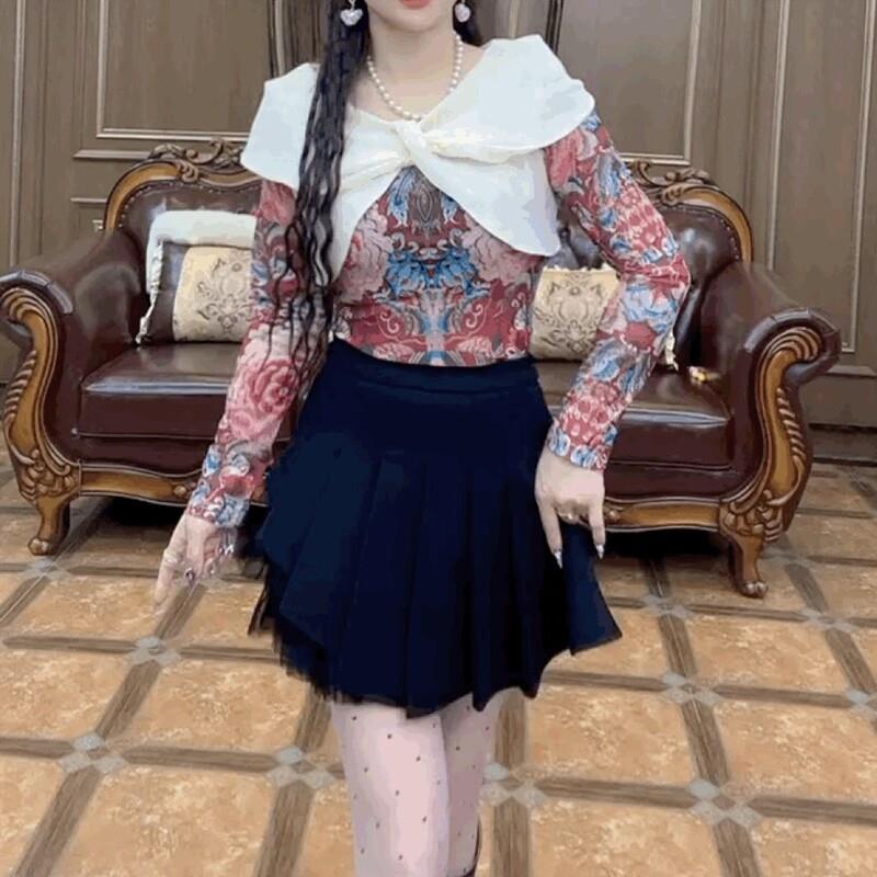 正品高货时髦蕾丝碎花t恤打底衫女法式洋气蝴蝶结披肩修身显瘦圆