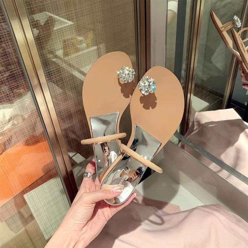 正品高货今年流行一朵鲜花~鸽子蛋水钻套趾沙滩坡跟拖鞋女凉拖外