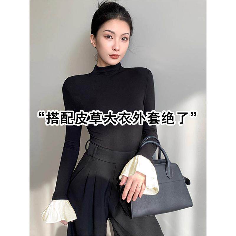 正品高货半高领喇叭袖打底衫女深秋初冬穿搭小香风内搭配大衣长袖