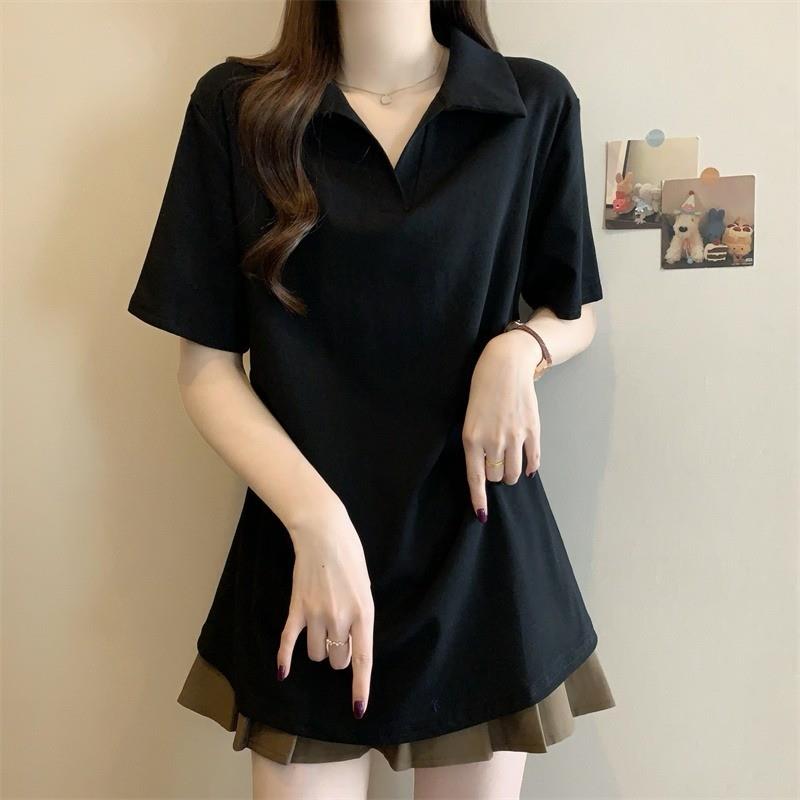 正品高货欧货洋气Polo领正肩短袖t恤女2025夏大码胖mm宽松遮肚中