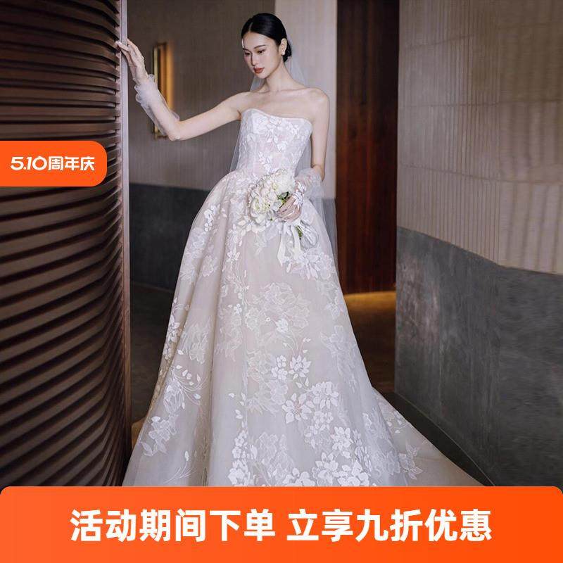 高货蕾丝新娘主婚纱高端轻奢复古新娘迎宾订婚森系超仙抹胸拖尾出