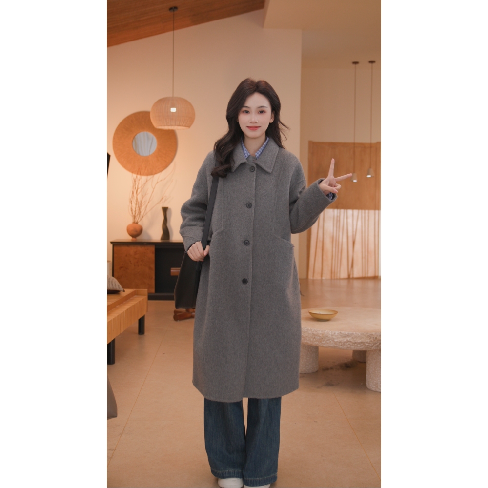 日系宽松极简设计经典秋冬高级感甜美风长款A字型羊毛大衣25904