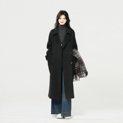 【小乐专享】5518 大版娃娃领双排扣挽袖长款小个子韩版羊毛大衣