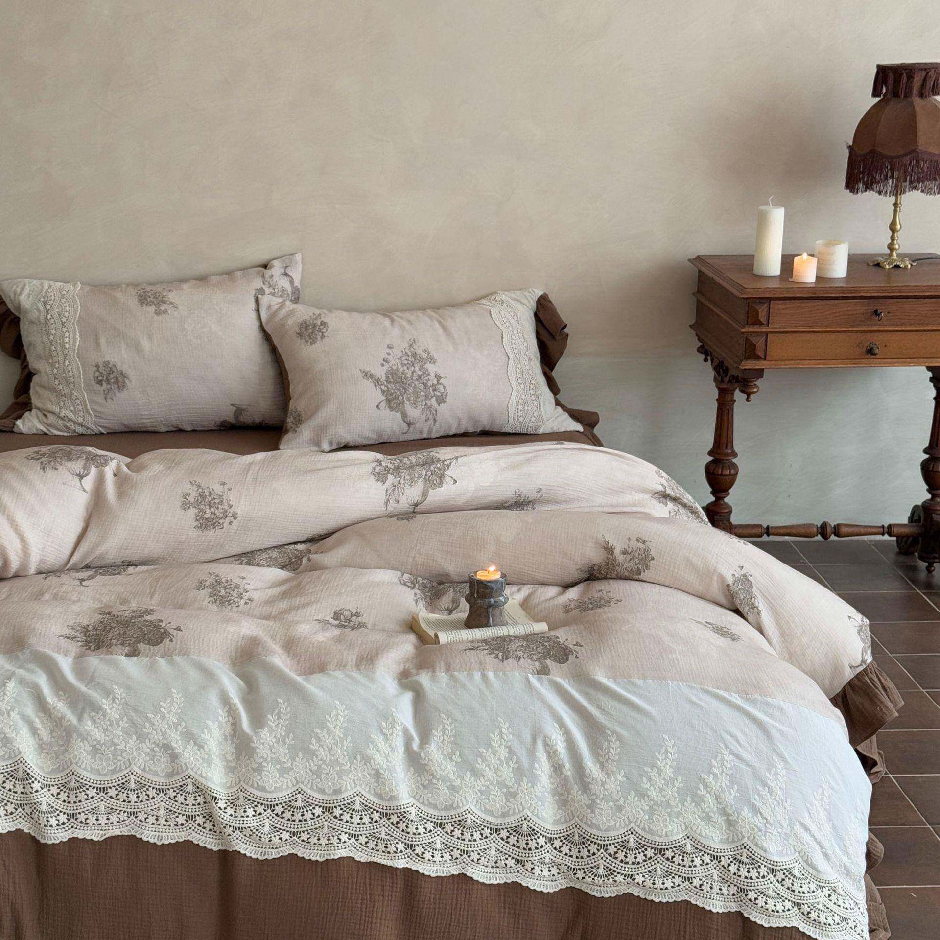 法式复古风全棉双层纱四件套纯棉纱布被套床单蕾丝花边皱皱纱床品