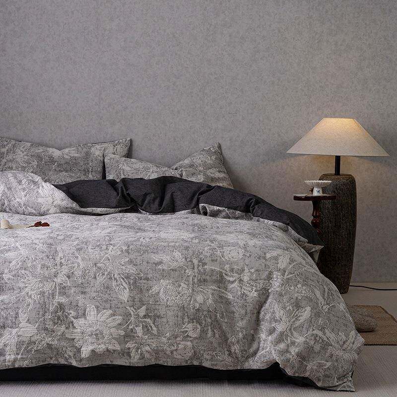 高端~A面双层纱全棉四件套B面水洗棉纯棉床单床笠 提花轻奢简约风