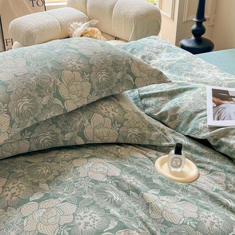 A类母婴60s全棉色织提花双层纱四件套纯棉被套床单裸睡床上用品