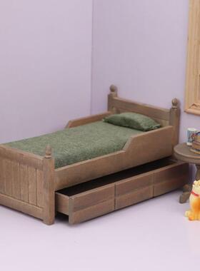 1：12迷你娃娃屋家具配件DOLLHOUSE摆件OB11可用床仿旧色带抽屉床