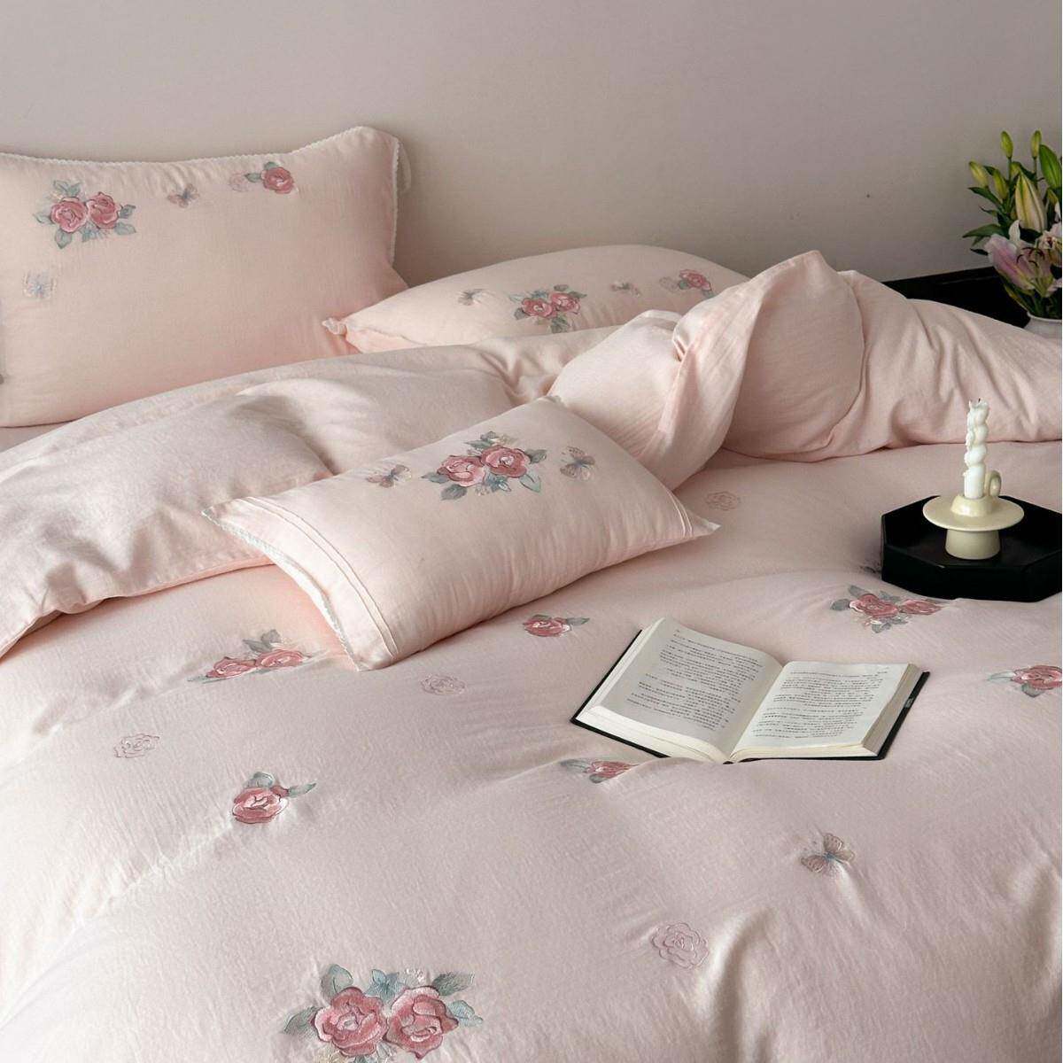 森系少女心粉色玫瑰刺绣全棉双层皱皱纱床品四件套纯棉被套床单