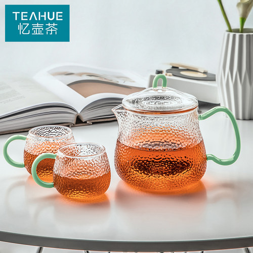 忆壶茶玻璃d小茶杯6只装玻璃杯带把手2个米粒锤纹功夫茶具配件耐