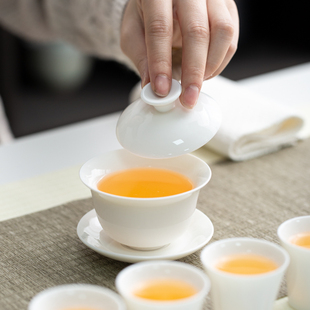 羊脂玉茶b具套装 功夫茶具商务伴手礼可定制log 简约白瓷盖碗礼盒装