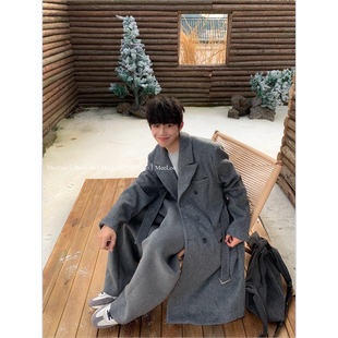 MeeLoo韩版 领双排扣简约廓形毛呢外套 小众垫肩羊毛大衣格雷系西装