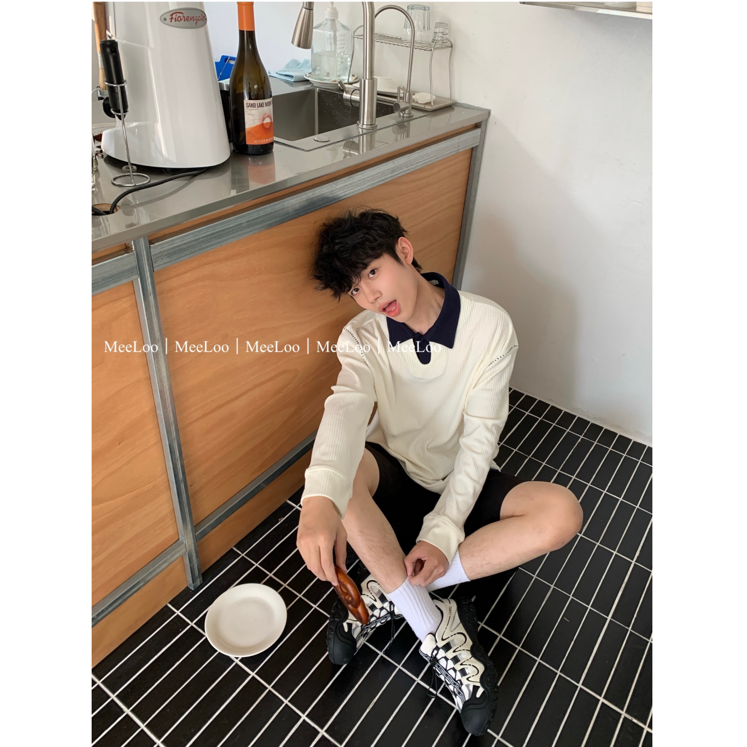 MeeLoo坑条假两件polo衫男春夏手缝线落肩袖拼接翻领长袖T恤上衣