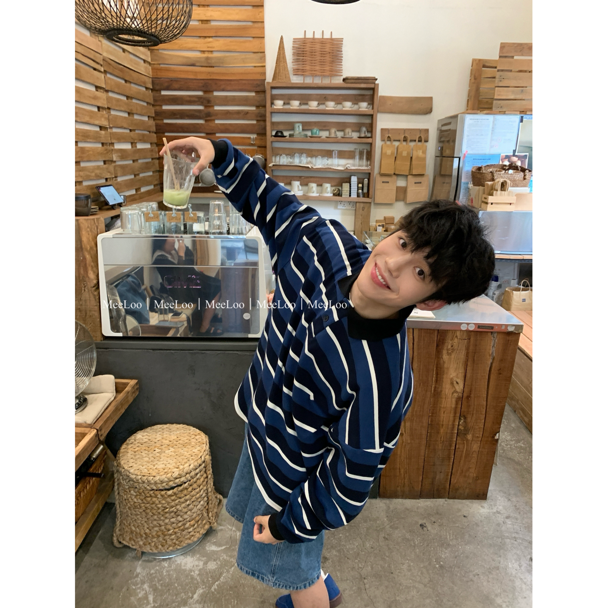 MeeLoo蓝色条纹POLO衫男女休闲宽松长袖T恤潮流翻领秋冬打底衫