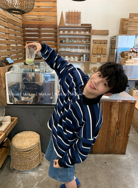 MeeLoo蓝色条纹POLO衫男女休闲宽松长袖T恤潮流翻领秋冬打底衫