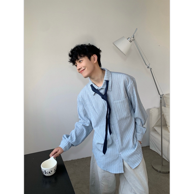 MeeLoo韩系设计感长袖领带衬衫条纹撞色落肩上衣宽松休闲褶皱衬衣