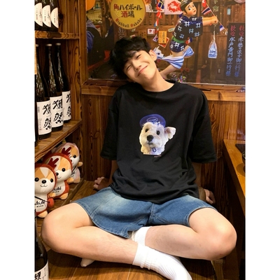 MeeLoo韩版ins印花小狗T恤男女夏季宽松休闲短袖美式可爱卡通上衣