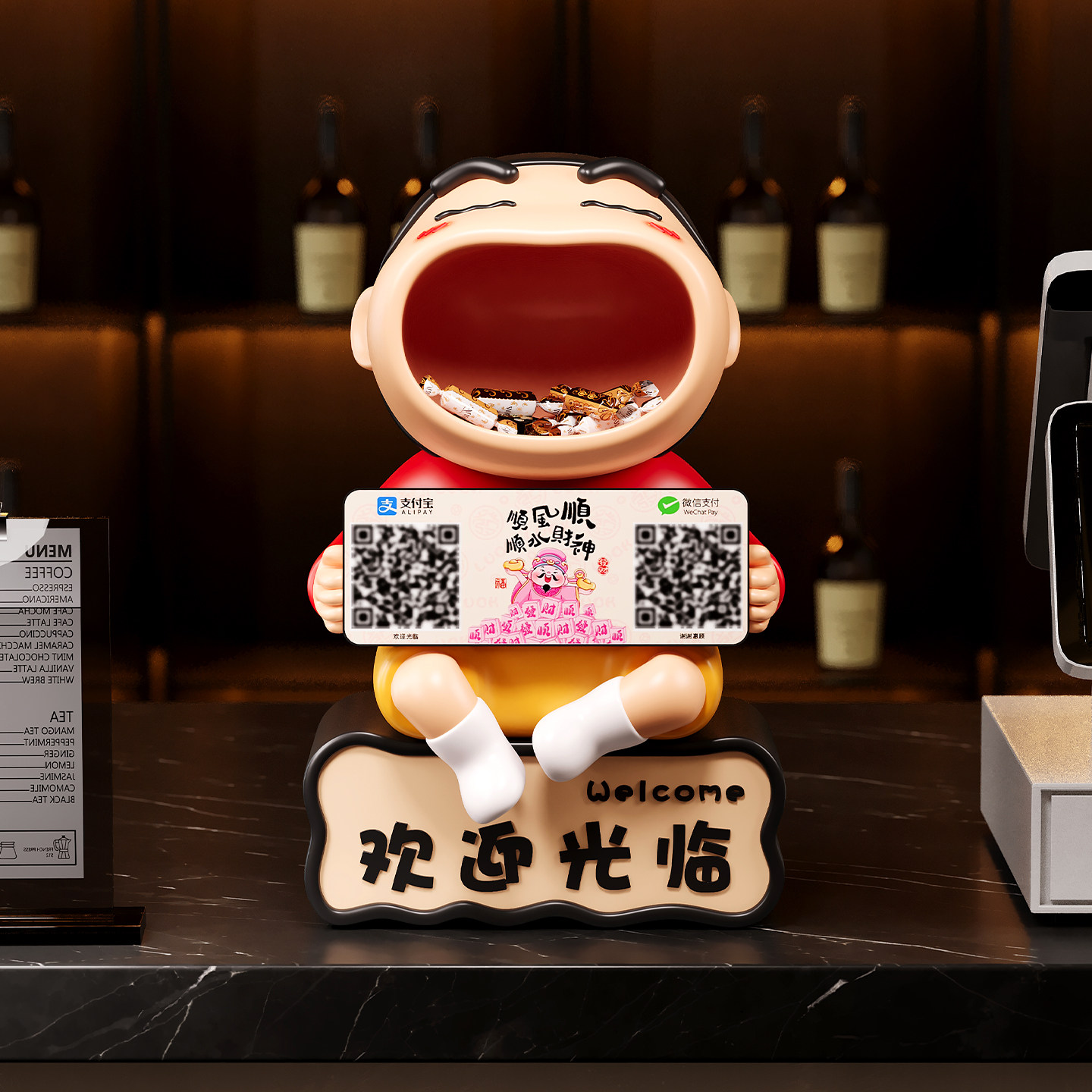 新店铺开业礼物二维码收款公司前台收银招财装饰蜡笔小新收纳摆件图片