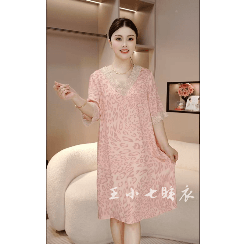 2026新款冰丝绸睡裙女夏季薄款蕾丝草莓性感宽松短袖睡衣裙连衣裙