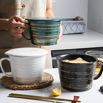 日式创意陶瓷餐具家用餐厅带盖泡面杯早餐杯牛奶杯燕麦杯酸奶杯