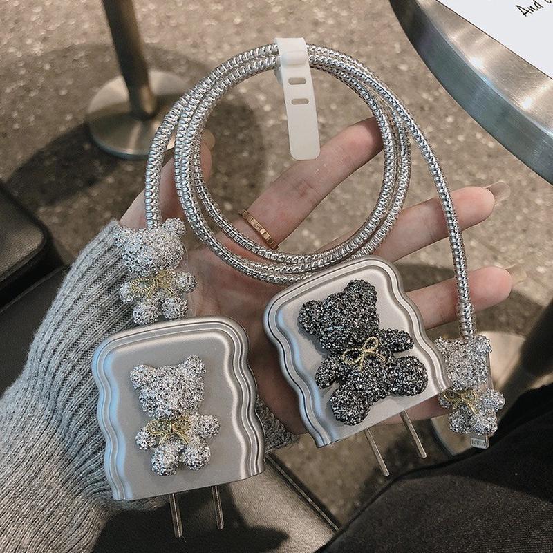 适用苹果iphone充电器数据线保护壳套新电镀小熊简约高级可爱卡通