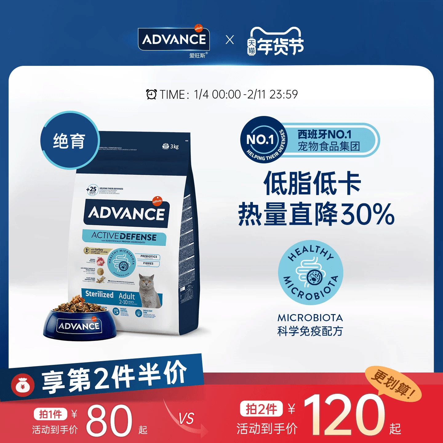 ADVANCE爱旺斯进口猫粮低脂减肥体重控制绝育全价成年期猫粮