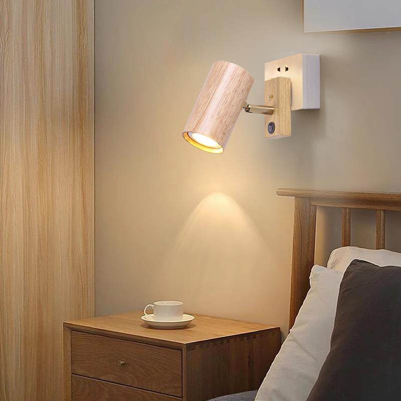 北欧简约插电式床头灯卧室墙实木壁墙灯阅读灯楼梯射灯可旋转壁灯