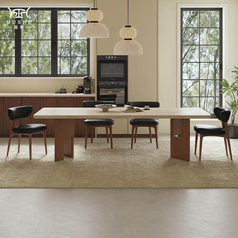 暮奢法式中古风洞石岩板餐桌椅组合家用长方形设计师胡桃色餐桌