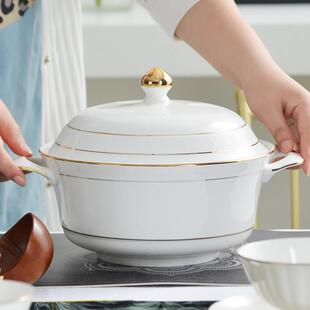 品锅带盖子大号家用骨瓷深碗公双耳欧式大汤碗餐具10英寸盛碗公陶