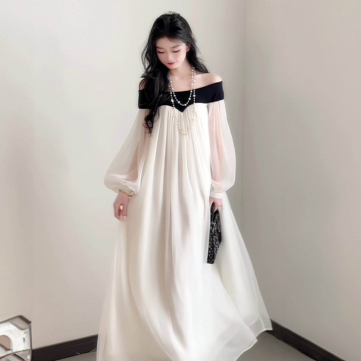 法式优雅一字肩黑白撞色连衣裙女春季款设计感灯笼袖气质显瘦长裙