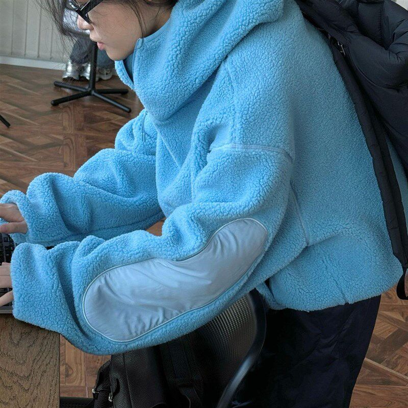 蓝色羊羔毛卫衣冬季新款韩国加厚连帽保暖廓形半拉链上衣外套女