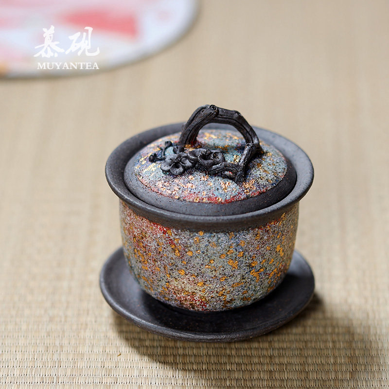 慕砚日式岩矿盖碗茶杯高越柴烧梅花三才盖碗家用功夫茶单个泡茶器