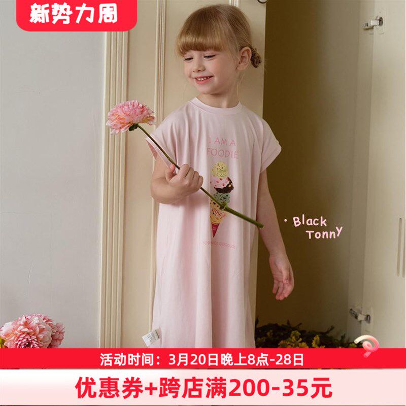 2025小黑托昵女童长短袖睡裙夏季薄款中大童睡衣小黑托尼家居服