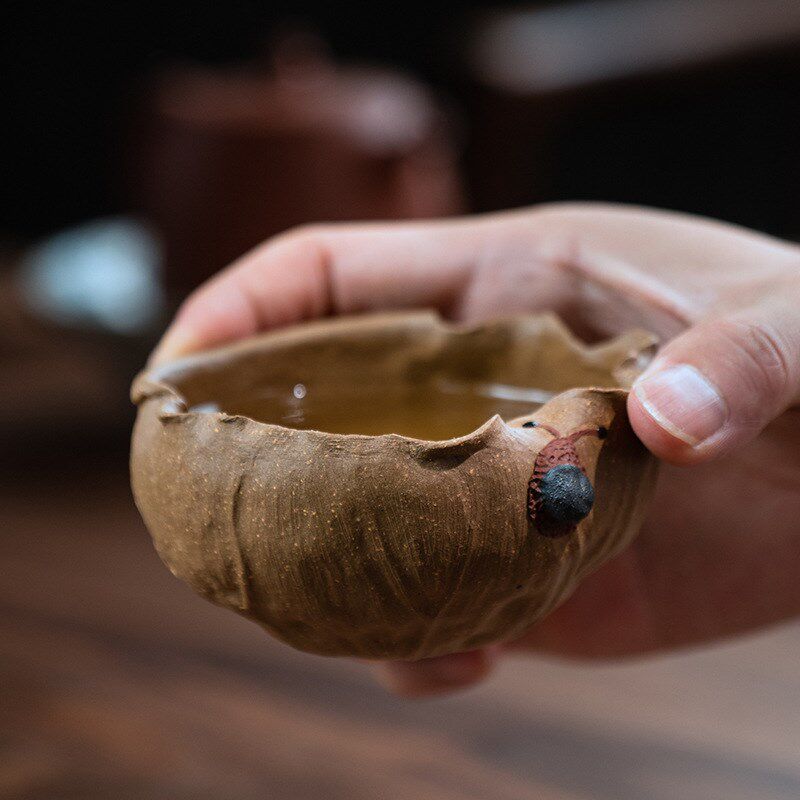 宜兴紫砂主人杯全手功夫茶具荷趣蜗牛荷叶品茗小杯子配套茶具配件