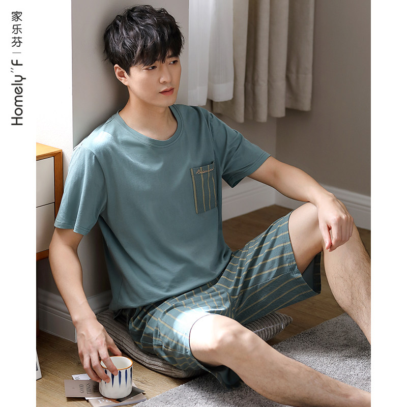 睡衣男士夏季纯棉短袖短裤家居服男款夏天薄款全棉休闲加大码套装