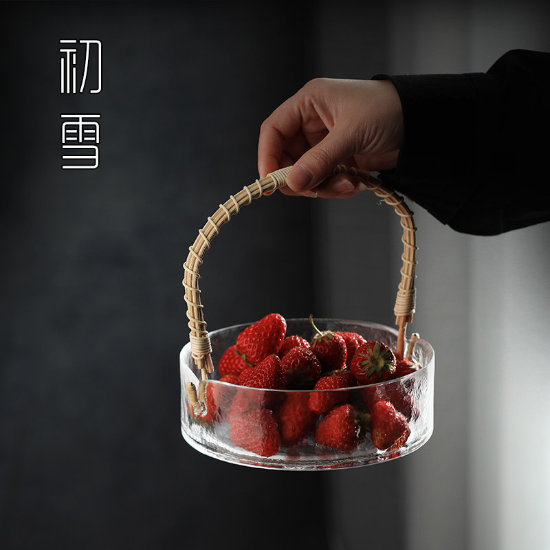 日式玻璃水果篮客厅零食盘家用茶点收纳糖果盒手提摆放托盘小果盘