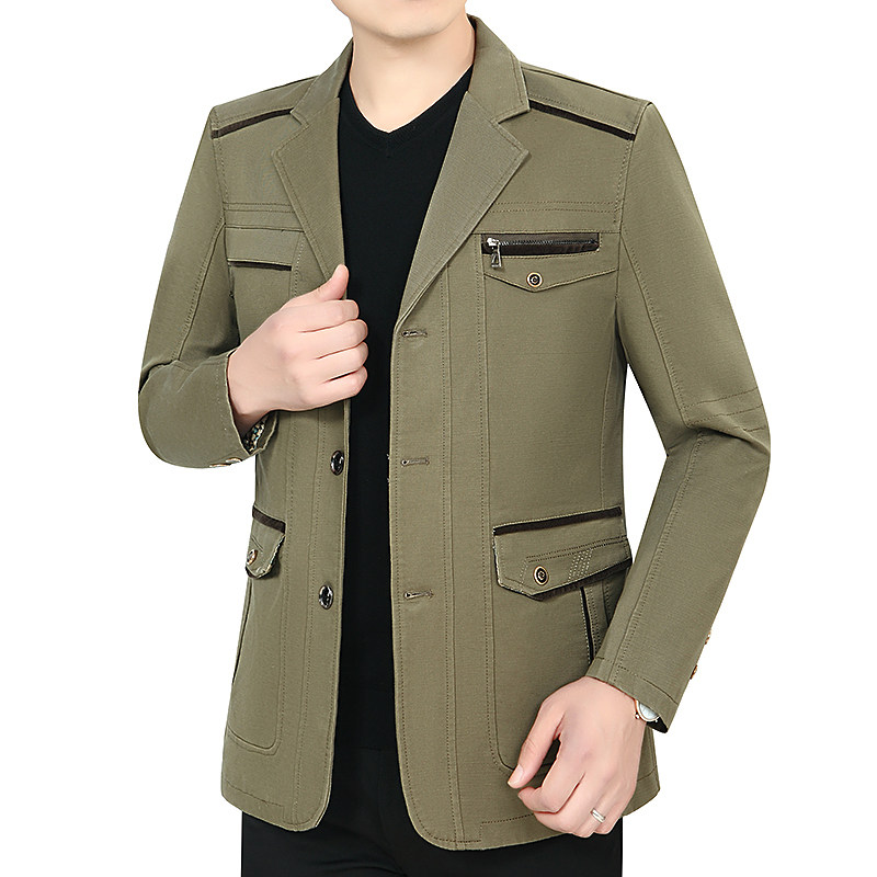 新款中年夹克男春秋款爸爸装休闲薄款纯棉外套中老年人爷爷西装领